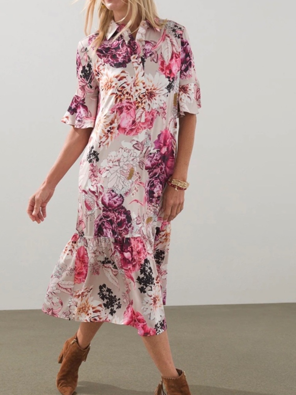 Chico's Floral Flounce Midi Dress